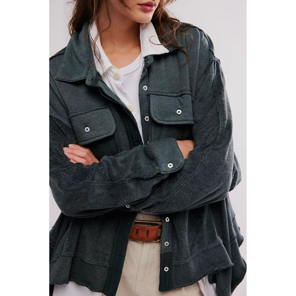 Free People Riley Sweatshirt Top Buttondown Slouchy Oversized Collared S 271404